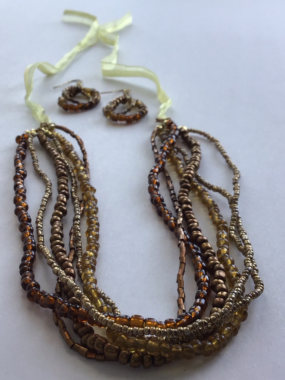 Fashion Multi-Strand Beaded Necklace & Earrings Set in Brown and Gold